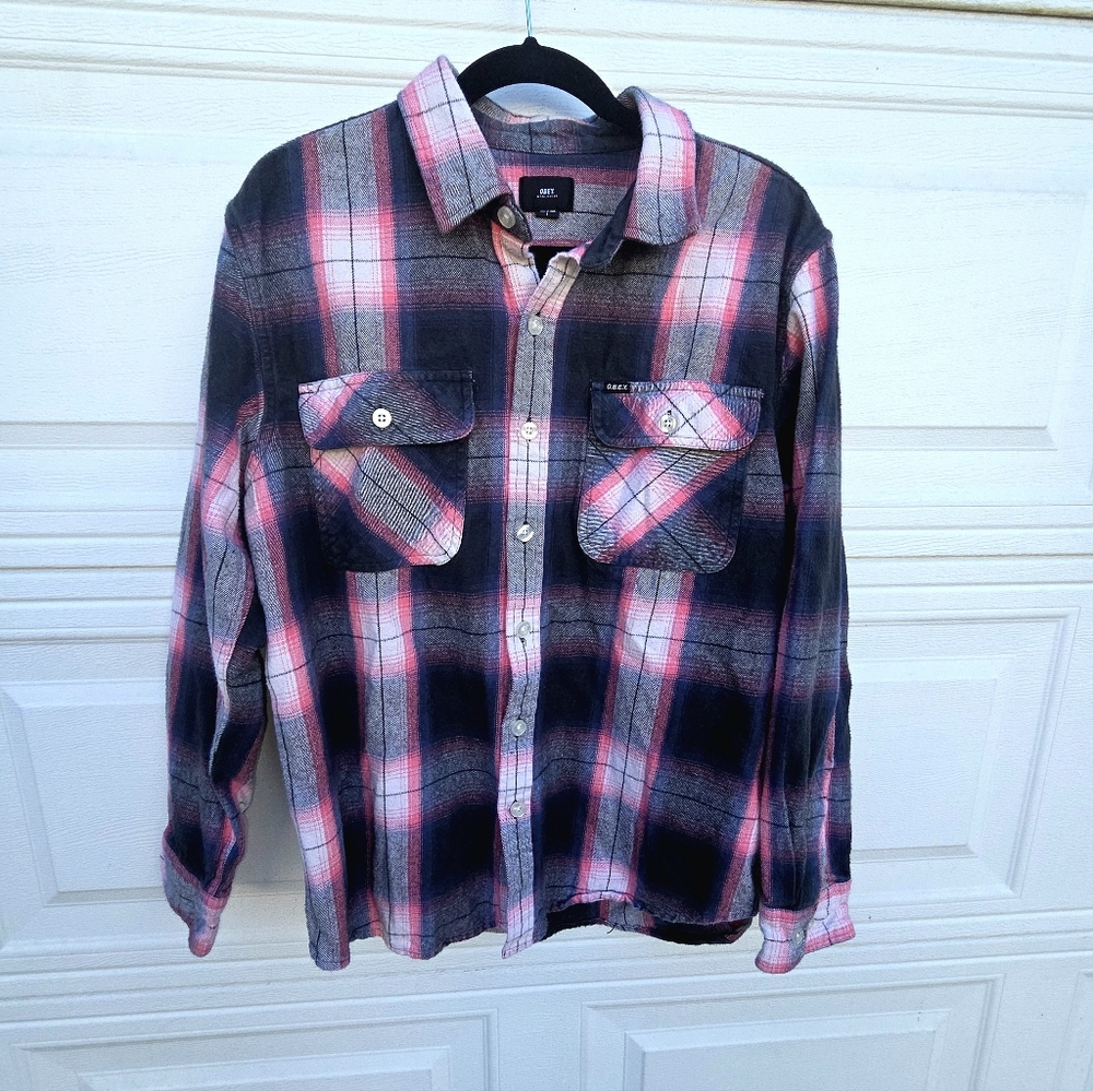 Obey Pink and Black Plaid Button-Up Shirt
